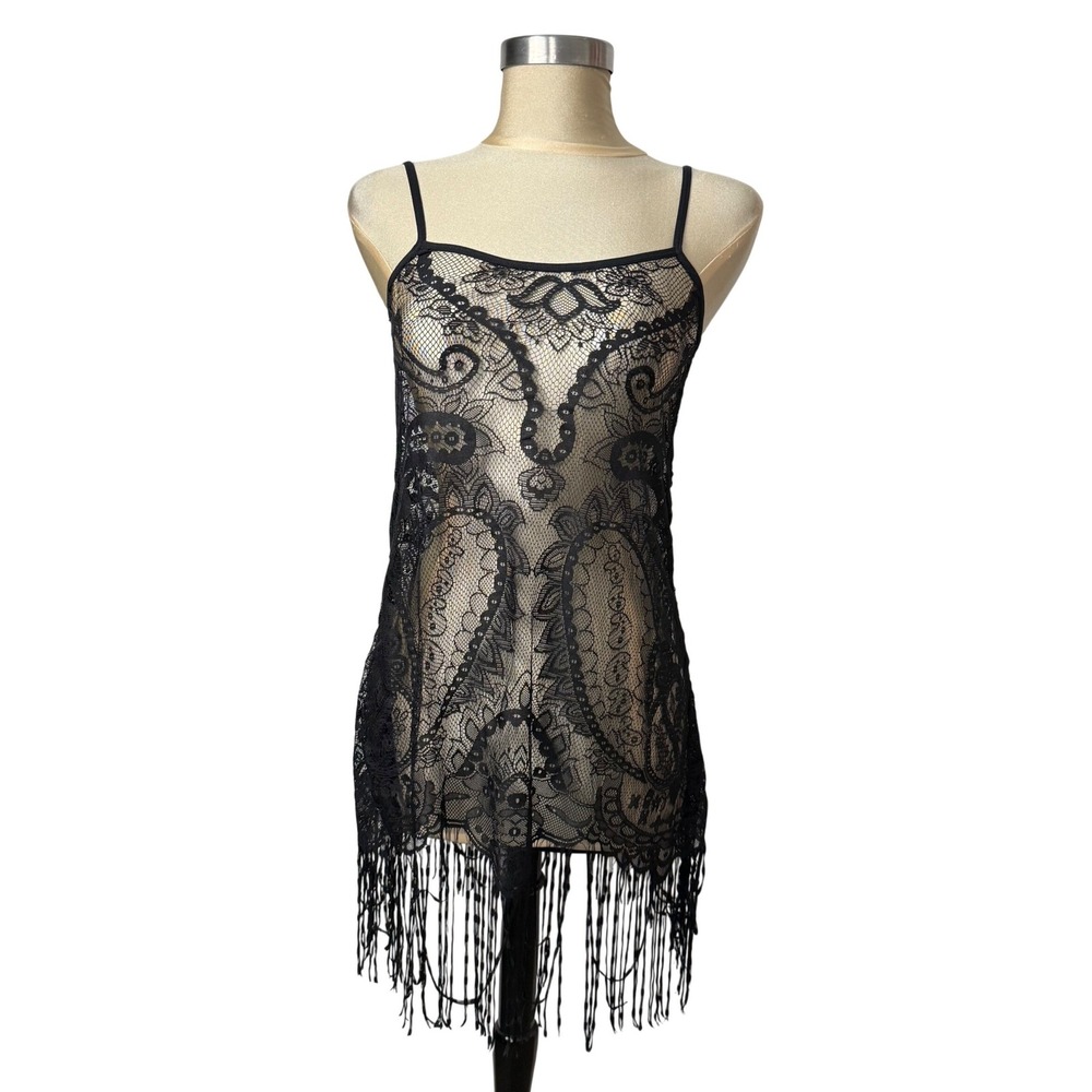 Shirley of Hollywood Black Lace Fringe Chemise Size M Lingerie SS858 Goth Boho